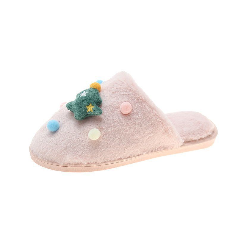 Women's Christmas House Slippers In Pink, Fluffy With Christmas