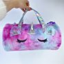 Kids Cute Cartoon Stylish Rainbow Unicorn Overnight Purple Pu Plush Handbag Duffel Tote Fur Travel Bags Traveling Bag for Kids